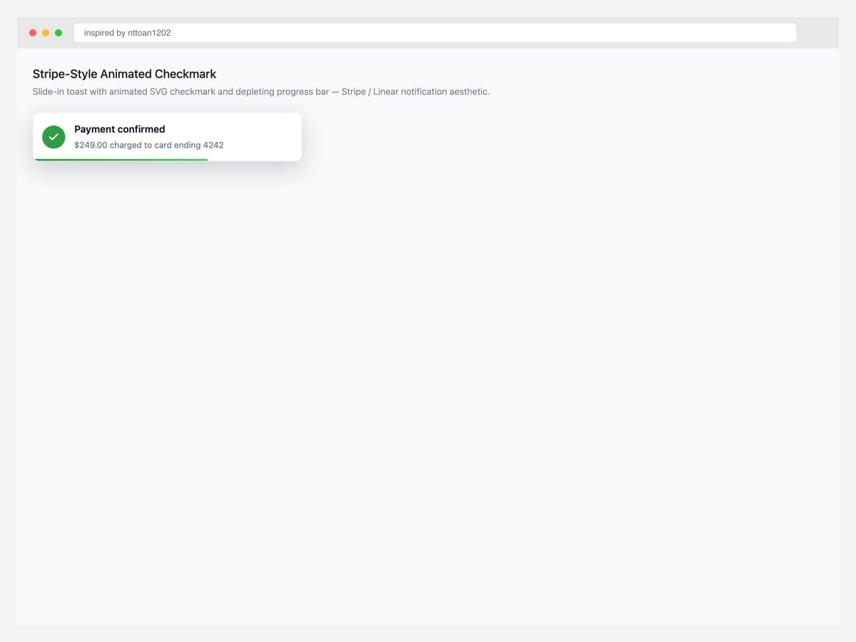 Stripe-style toast notification with a green circular checkmark, "Payment confirmed" header, $249.00 subtext, and a green progress bar