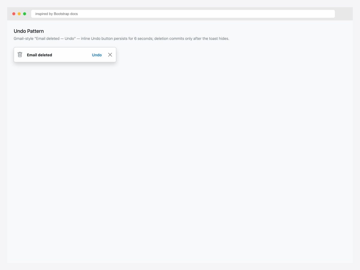 Gmail-style undo toast — trash icon, "Email deleted" message, inline blue Undo link, and dismiss button