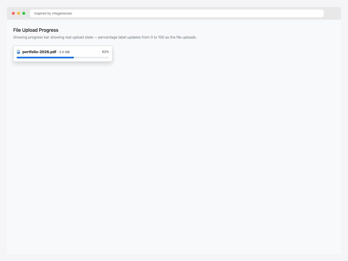 File upload progress toast — PDF icon, file name "portfolio-2026.pdf" at 2.4 MB, 62% percentage label, and a Bootstrap progress bar