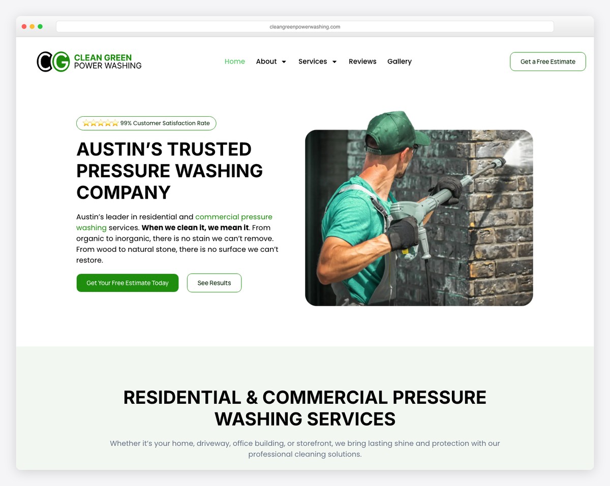 clean green power washing website example
