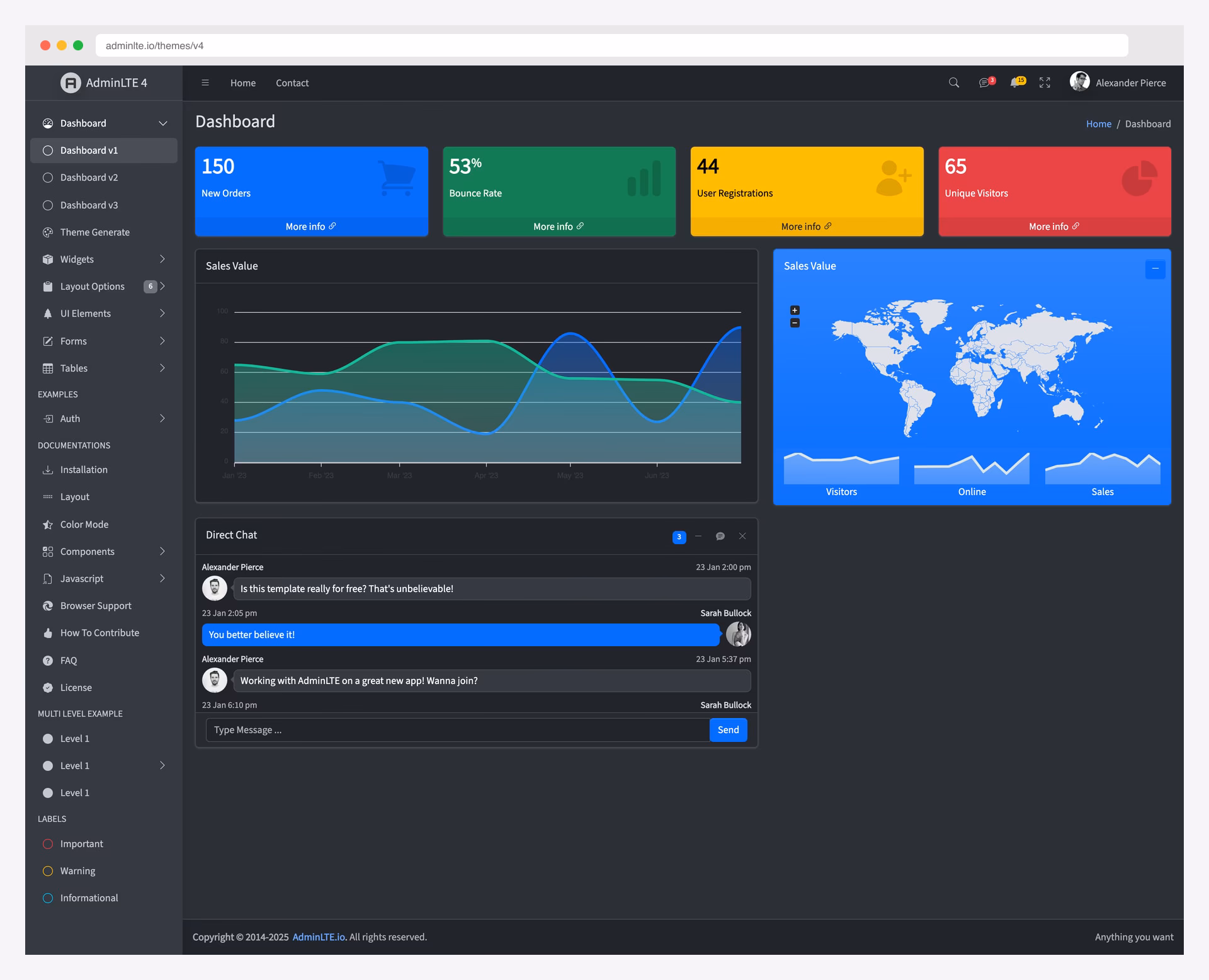 AdminLTE 4 admin dashboard with built-in dark mode toggle and CSS custom properties