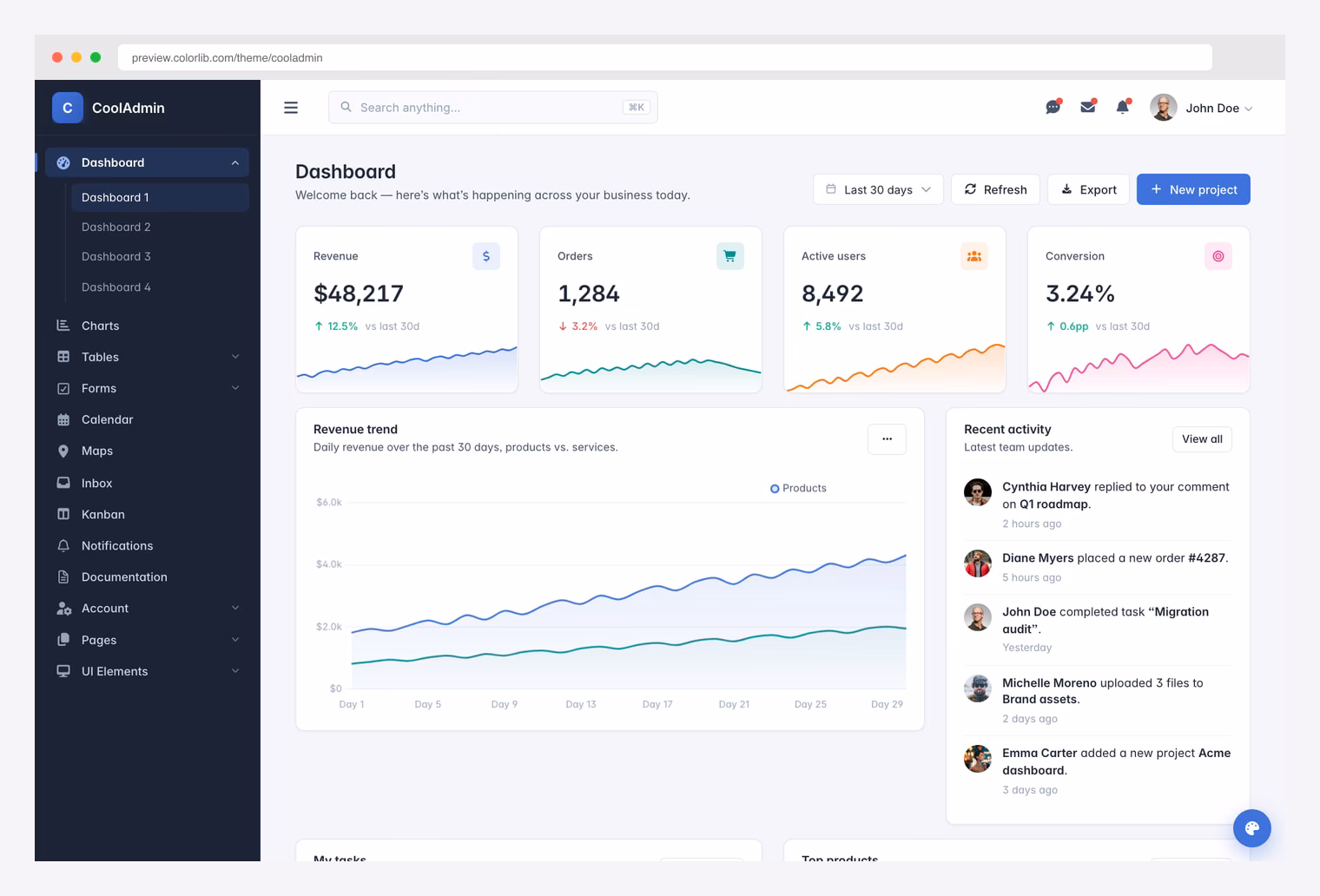 CoolAdmin free Bootstrap 5 admin dashboard with command palette and four dashboard layouts