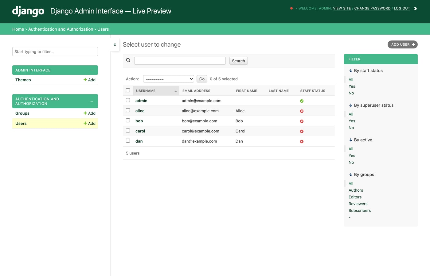 Django Admin Interface — flat-design responsive theme with database-configured branding