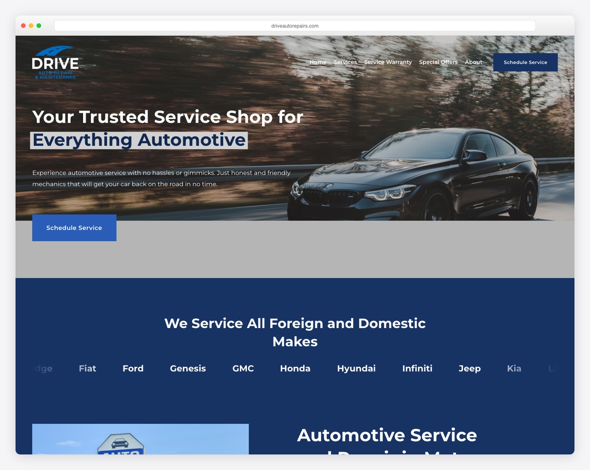 drive auto repair & maintenance website example