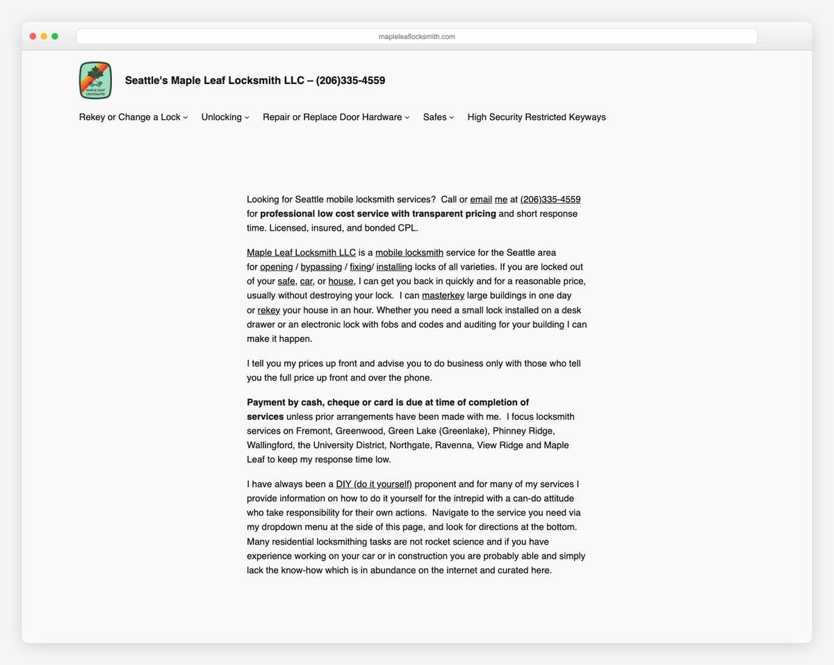 maple leaf locksmith website example