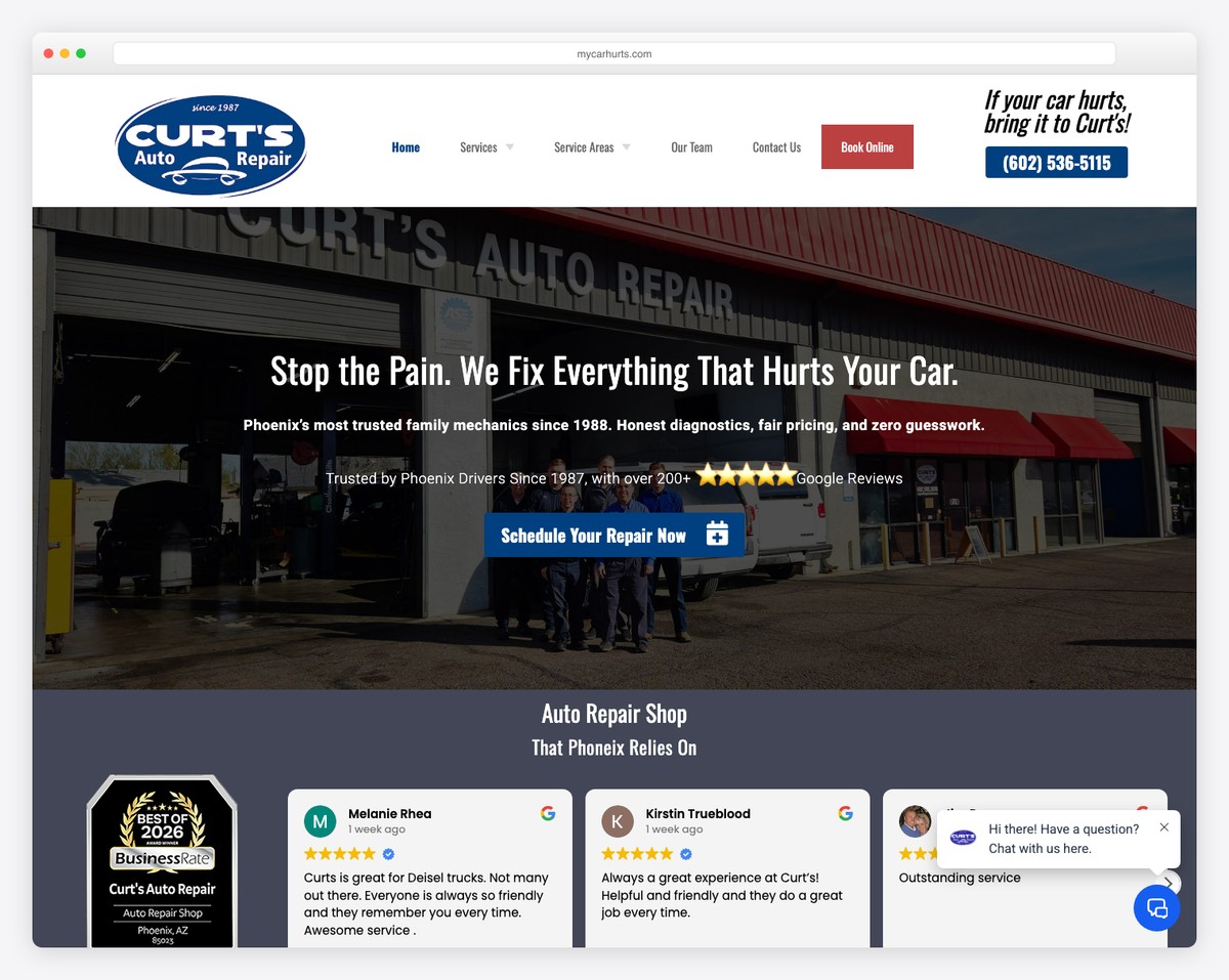 curt's auto repair website example