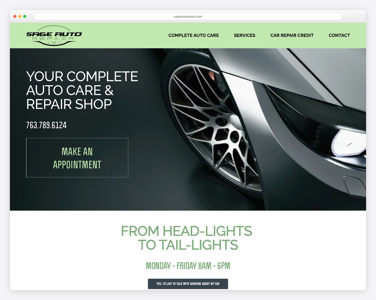 sage auto repair website example